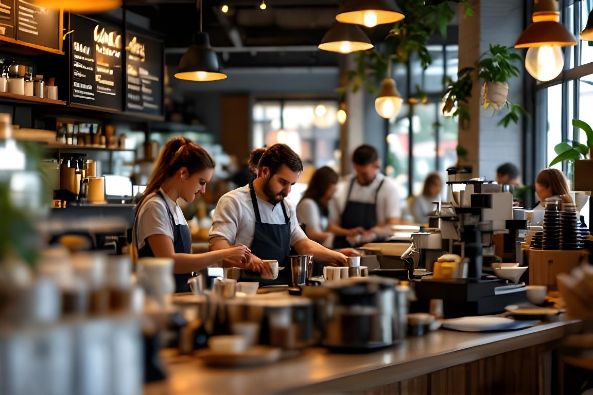 Busy Melbourne coffee shop team preparing drinks beside a tidy roster board and manager reviewing service performance