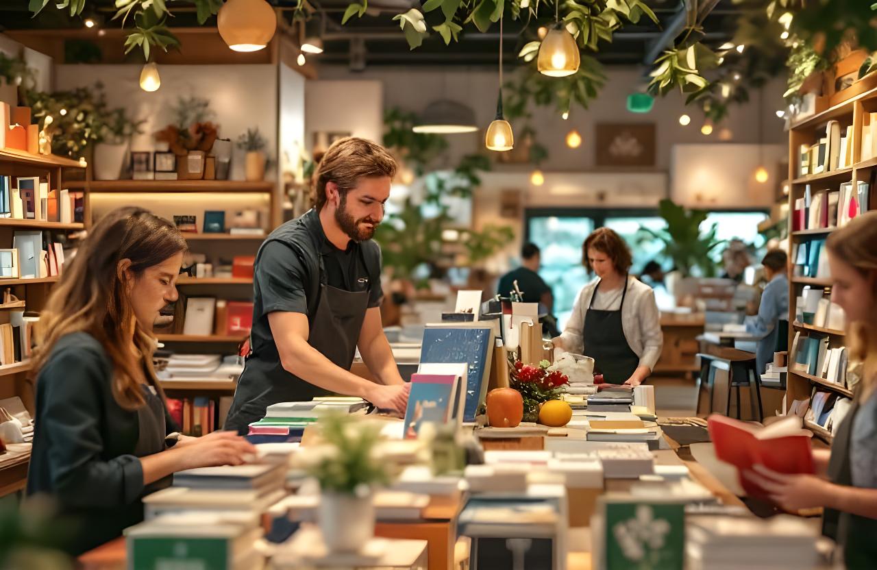 Bright Melbourne bookstore interior with staff arranging seasonal displays and serving customers at a busy counter