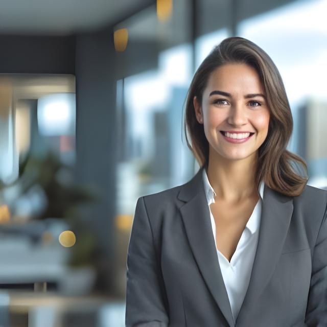 Ana Mitchell smiling in front of a Melbourne skyline office backdrop with a professional blazer