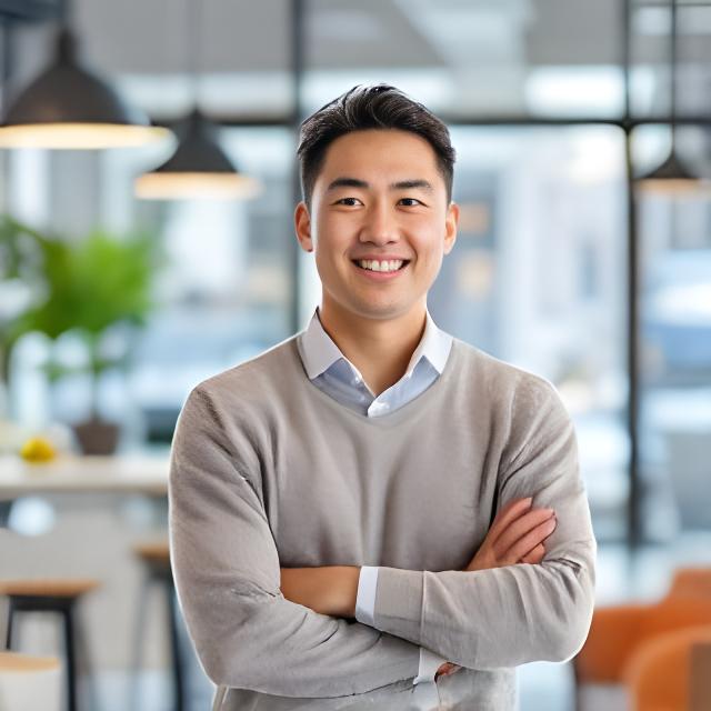 Daniel Cho standing in a contemporary coworking space with a subtle Melbourne street scene behind him